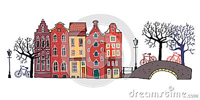 Amsterdam street scene. Vector color outline sketch hand drawn illustration. Three houses with bridge, lantern, trees Vector Illustration